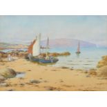 Warren Williams (British 1863-1941) Welsh coastal scene with figures and fishing boats, watercolour.