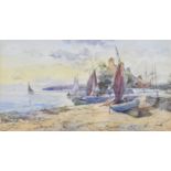 Joseph Hughes Clayton (exh. 1891-1929) Beach scene with figures and boats, watercolour.