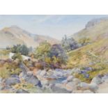 British School (19th century) Mountainous river scene with cottage