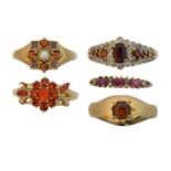 Five 9ct gold gem-set dress rings,