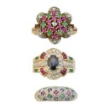 Three gem-set dress rings,