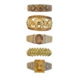 Five 9ct gold gem set rings,