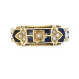 An 18ct gold split pearl and enamel mourning ring,