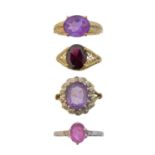 Four 9ct gold gem-set dress rings,