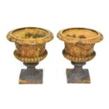 A pair of salt glazed campana-shaped garden urns