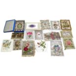 16 victorian and early 20th Century handmade silk and embossed paper postcards