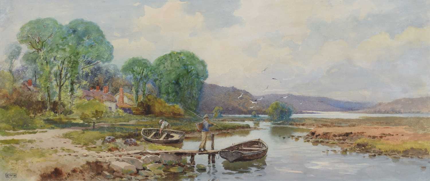 Ernest Witton Hazelhurst R.B.A., R.I. (British 1866-1949) Lake scene with fisherman, watercolour.