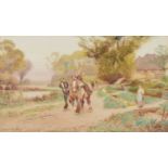 A. Haselcrave (British 19th/20th century) Rural lane with Shire horses and figures, watercolour.