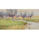 John McDougal (British 1851-1945) River scene with pollarded willows, watercolour.