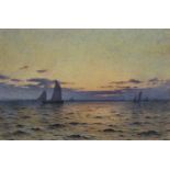 John McDougal (British 1851-1945) Coastal view at sunset, watercolour.