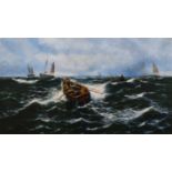 Thomas Rose Miles (British 1844-1916) Sailors rowing in a strong swell, oil.