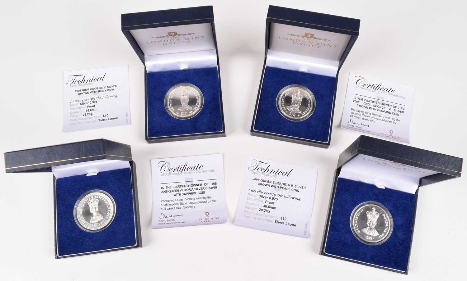 Assortment of seven cased London Mint Office sterling silver commemorative coins (7).