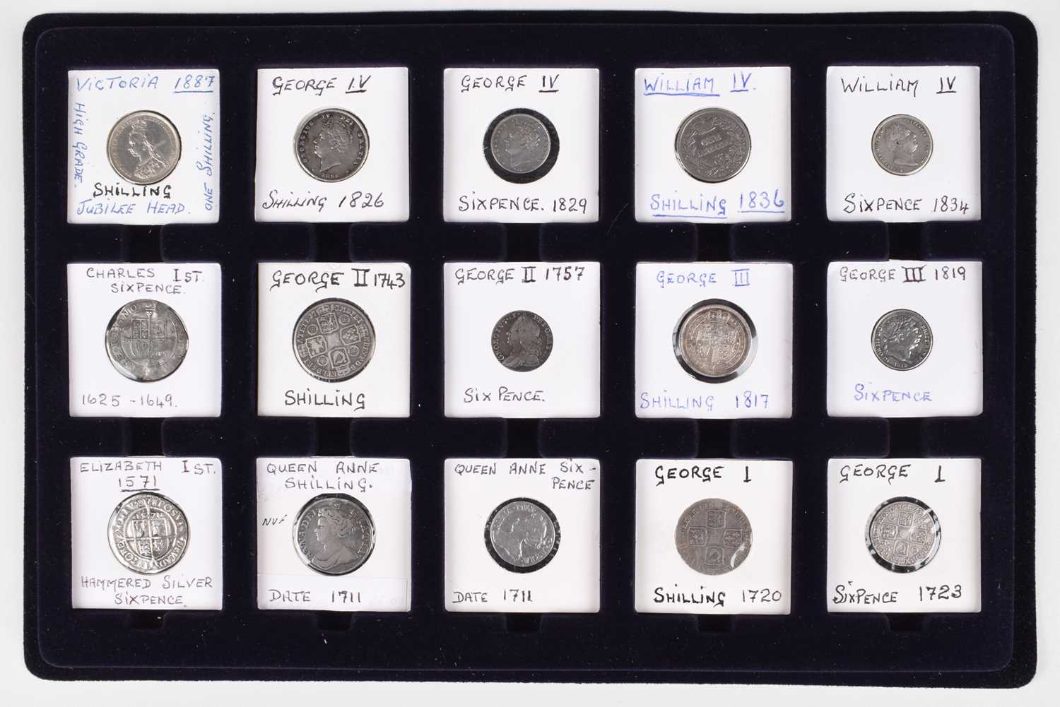 Tray of silver Shillings and Sixpences from Elizabeth I through to William IV (15).