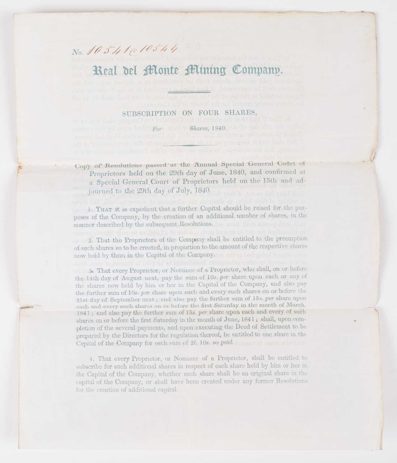 Real Del Monte Mining Company, Subscription on Four Shares, 1840. - Image 2 of 4