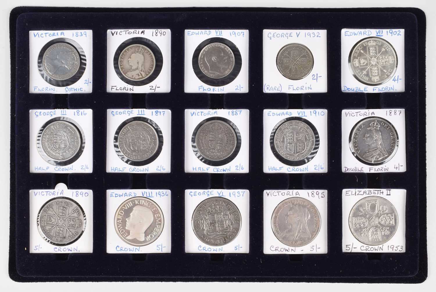 Tray of silver and later Florins, Halfcrowns and Crowns from George III to Elizabeth II.