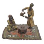 Cold Painted Bronze Figure of Two Men Having Tea on a Rug Franz Bergman