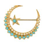 A turquoise and split pearl crescent brooch,