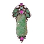 A jade and gem-set silver clip brooch attributed to Dorrie Nossiter,