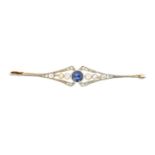 An early 20th century sapphire, seed pearl and diamond bar brooch,