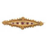 A late Victorian 15ct gold diamond and ruby brooch,