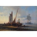Abraham Hulk (Dutch 1813-1897) A coastal scene at dusk with figures and boats