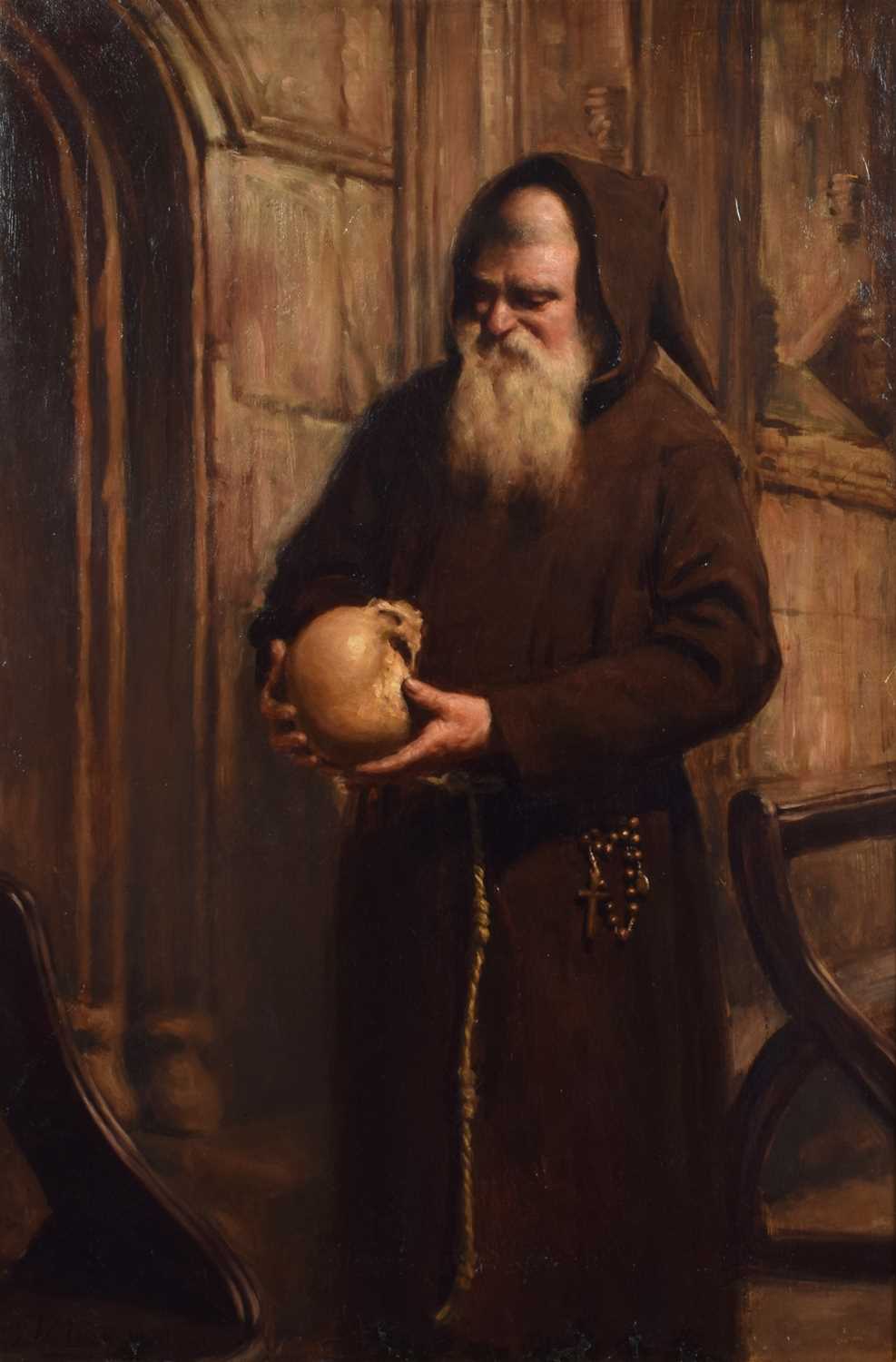 Y. Wilson (British 19th/20th century) A standing monk holding a human skull