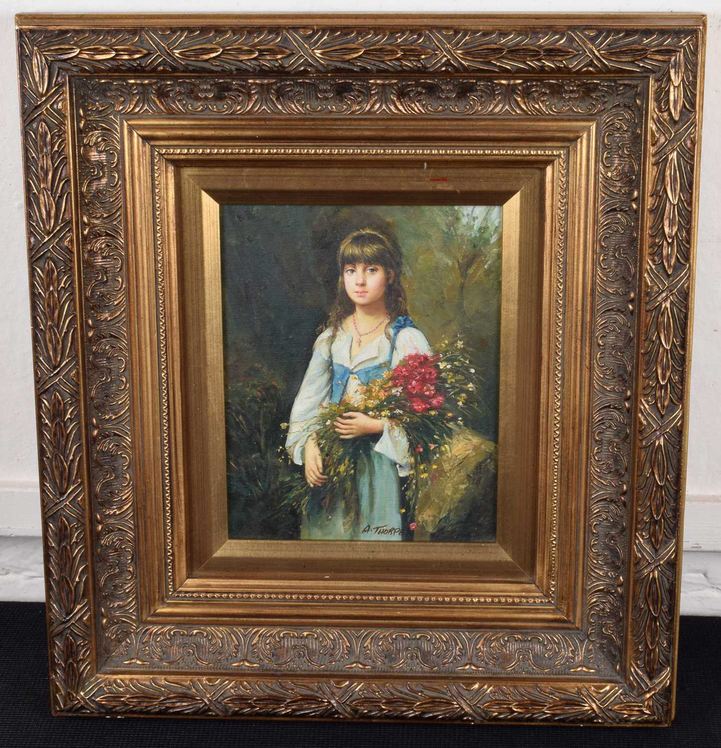 A. Thorpe (20th century) Portrait of a standing girl holding flowers - Image 2 of 2