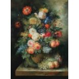 L. Martin (20th century) Still life study of roses, grapes and peaches on a marble ledge
