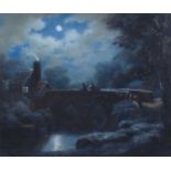 British School (19th/20th century) A moonlit scene with figures on a bridge