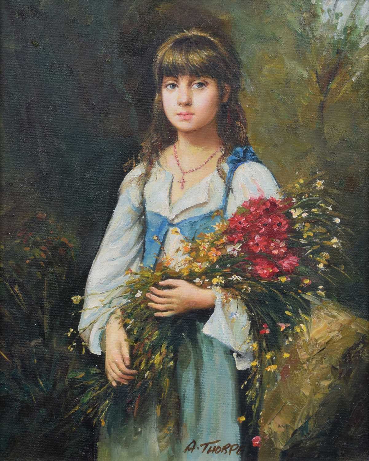 A. Thorpe (20th century) Portrait of a standing girl holding flowers