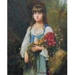 A. Thorpe (20th century) Portrait of a standing girl holding flowers