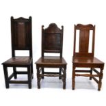 17th-century oak panel back chair and two others