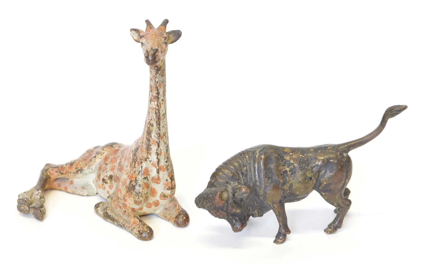 Two cold painted bronze models of a giraffe and a bull