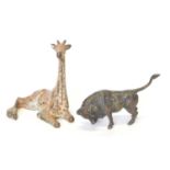 Two cold painted bronze models of a giraffe and a bull