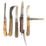 Five large horn grip pocket knives