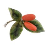 A 14ct gold nephrite coral and diamond brooch,