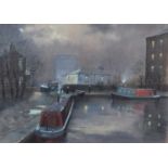 Tom Brown (British 1933-2017) Moonlit canal scene with moored narrowboats