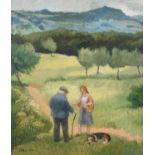 Adrian Paul Allinson R.O.I. (British 1890-1959) Rural scene with figures and a dog