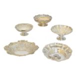 Five silver bonbon dishes,