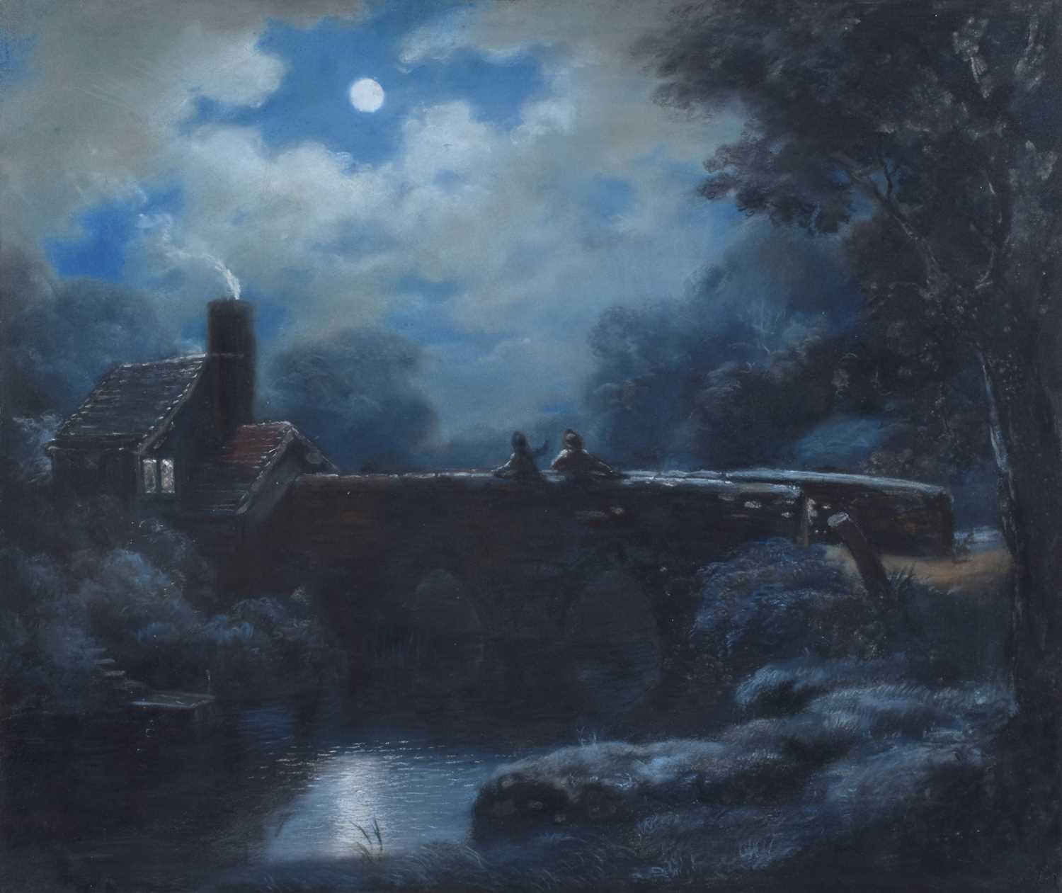 British School (19th/20th century) A moonlit scene with figures on a bridge