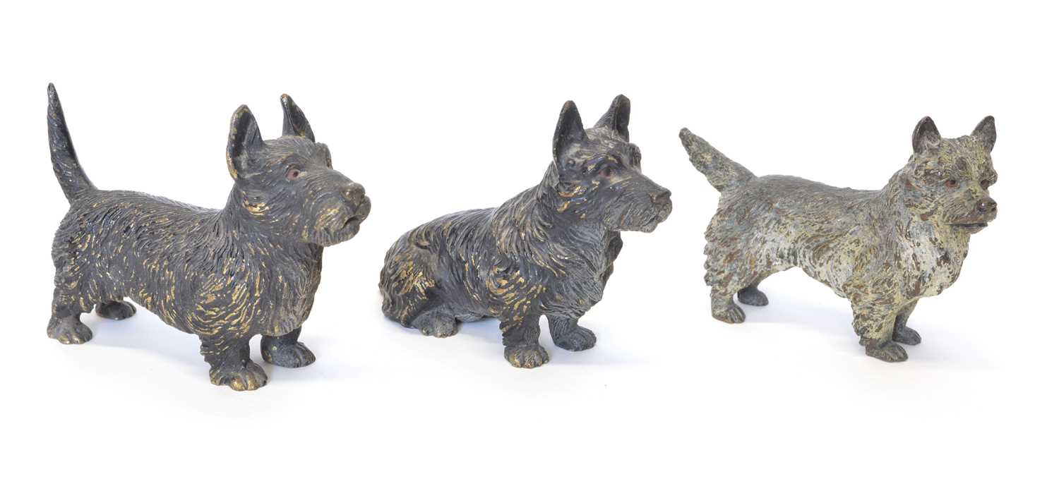 Three cold painted bronze terriers