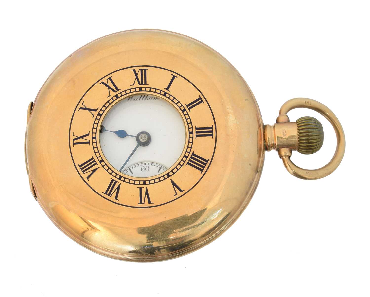 A 9ct gold half hunter pocket watch by Waltham,