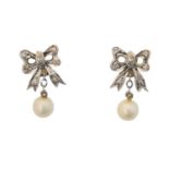 A pair of 9ct gold diamond and cultured pearl earrings,