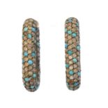 A pair of turquoise and diamond hoop earrings,
