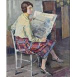 Pierre Adolphe Valette (French 1876-1942) Seated girl reading a newspaper