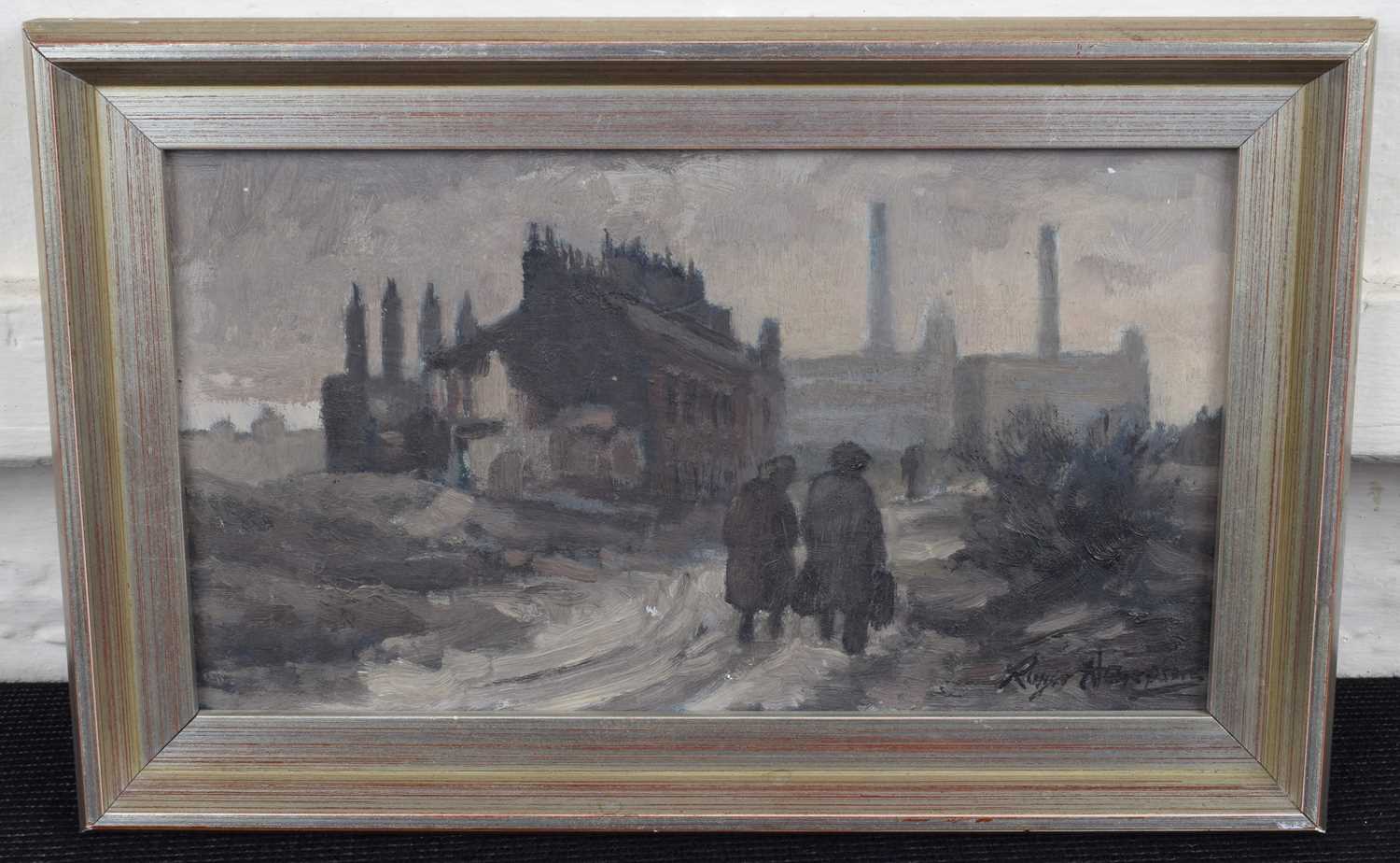 Roger Hampson (British 1925-1996) Northern industrial scene with two figures - Image 2 of 2