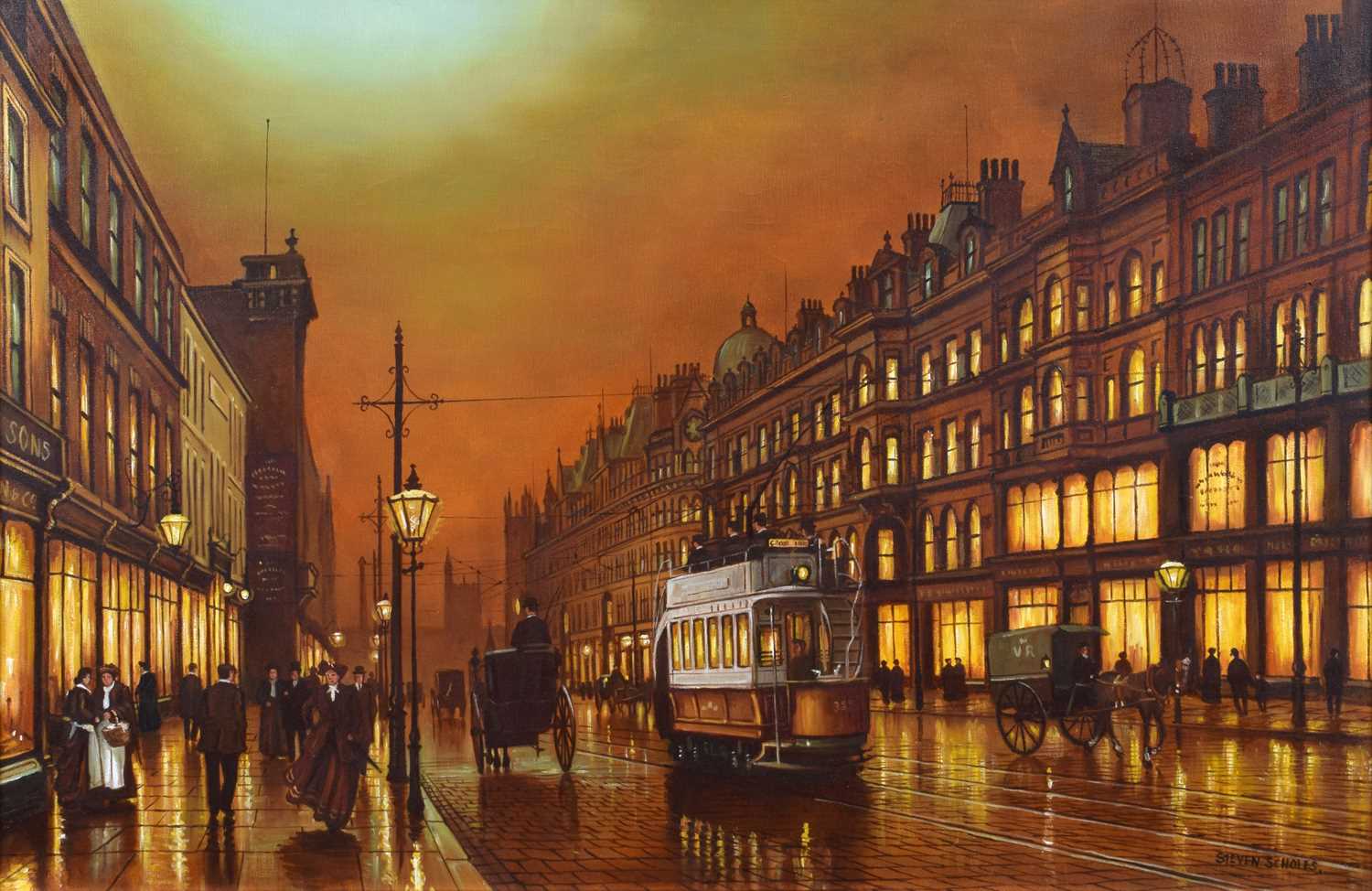 Steven Scholes (British 1952-) Manchester street scene with figures and a tram