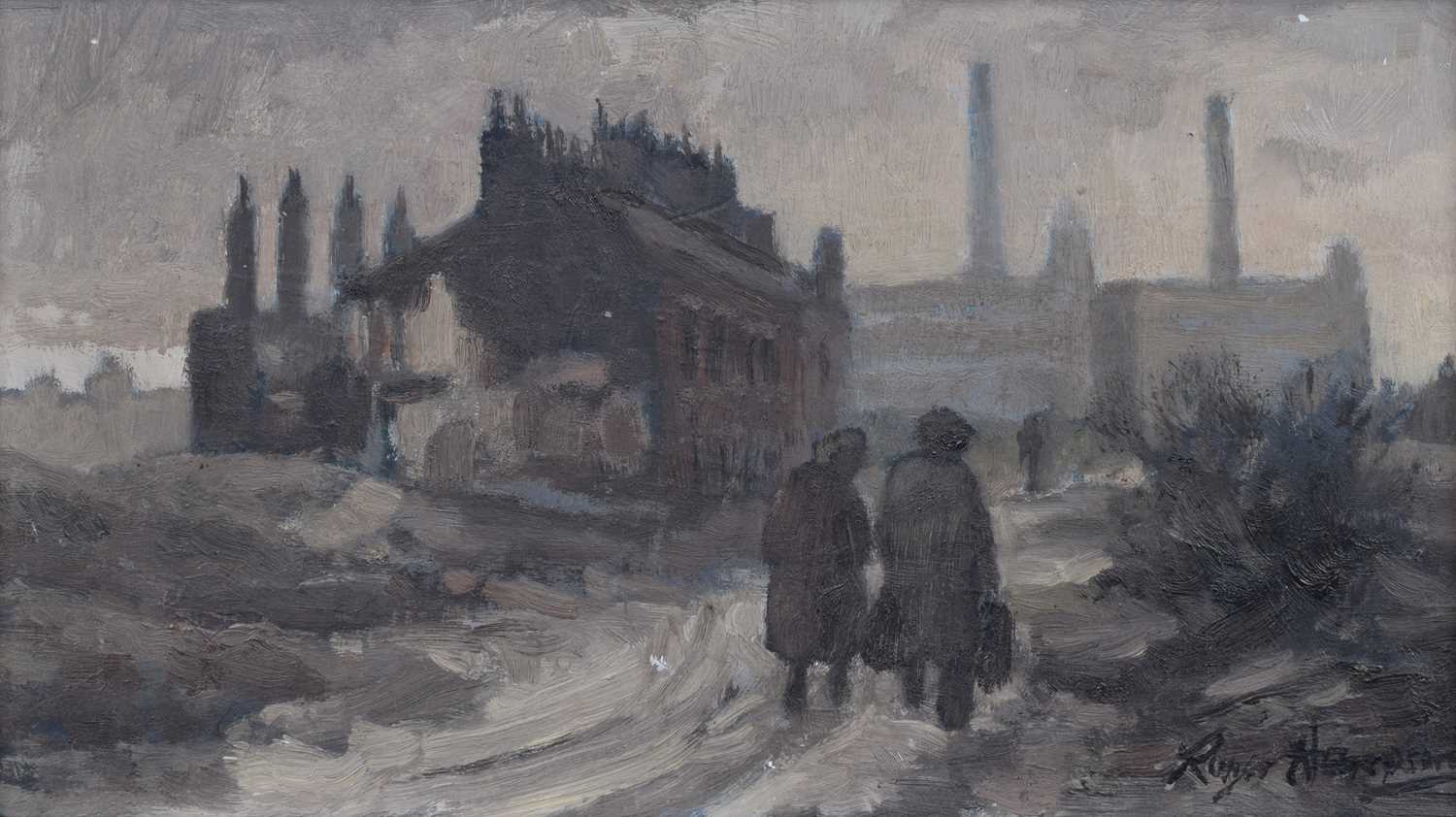 Roger Hampson (British 1925-1996) Northern industrial scene with two figures