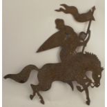 A sheet metal weather vane top, modelled as a knight on horseback carrying a pennant, height