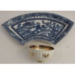 A Caughley blue and white printed hors d'oeuvres dish, together with a Caughley fluted tea bowl,